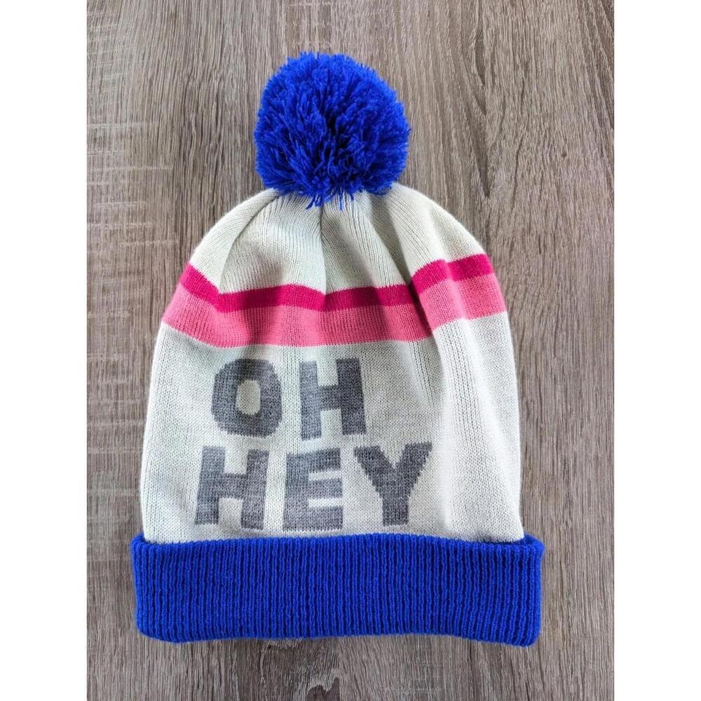 American Eagle Outfitters "Oh Hey" Pom Winter Beanie Hat Blue White Pink Ski
